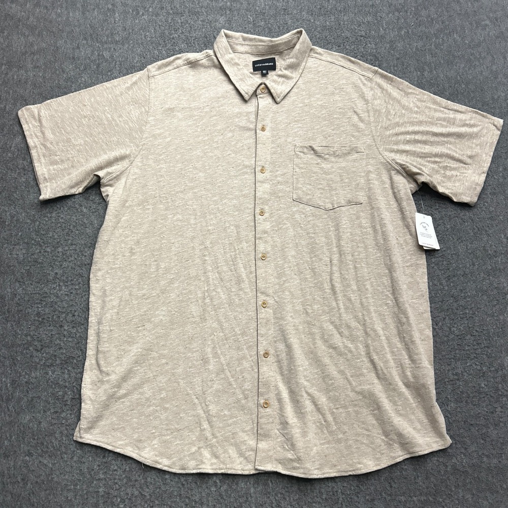 Lucky Brand‎ Mens Shirt 2XLT Marled Taupe Knit Button Front Short Sleeve Casual